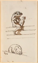 Study of Lucius with Donkey Head. Below, Study for the Cat in Simo Confides in Sosia