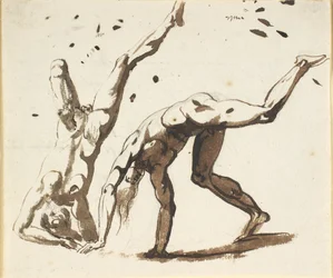 Two naked men doing somersaults, standing on their heads or similar