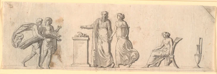 Draft for Decoration of a Field, Probably a Painted Wooden Panel on a Piece of Furniture. Antique Figures with Flower Baskets and Sheaves by an Altar