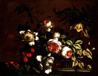 Roses, peonies and other flowers on a ledge