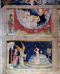 Apocalypse Tapestry (1373-1383), No. 64: an angel shows John the condemnation of Babylon, the symbol of idolatry, which has led all nations astray through its sorceries. Below: Babylon, the prostitute in the service of Satan, heats her blonde hair in