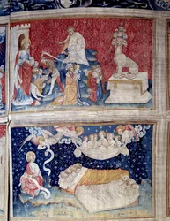 Hanging of Revelation (1373-1383). N. 44 high: the beast has seven heads. N. 51 low: The sleep of the righteous. Tapestry by Nicolas Bataille (1330-1405)