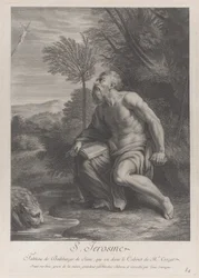 Saint Jerome Seated by a Tree Looking Up at a Crucifix, a Lion Drinking Water from a Stream