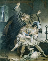Esmeralda, Phoebus and Claude Frollo (Notre-Dame de Paris) by Victor Hugo. Illustration by Nicolas Eustache Maurin, 1799-1850. Private collection
