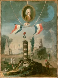 Revolutionary Allegory: Portrait of Jean-Jacques Rousseau, Swiss philosopher (1712-1778), with symbols of revolution. Painting by Nicolas Henri Jeaurat de Bertry (1728-c. 1796)