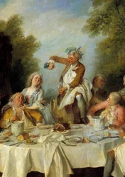 Ham breakfast. Scene of a country banquet around a ham in the nobility (detail). Painting by Nicolas Lancret. Chantilly, museum Conde