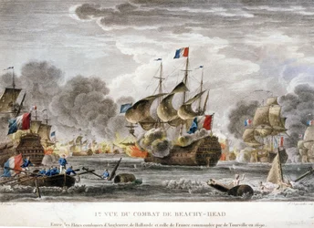 Augsburg League War: View of the Battle of Cape Beveziers or Beachy Head Between the French and Anglo-Dutch Fleets on 10/07/1690. Drawing by Nicolas Ozanne