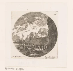Town view with a moored rowing boat