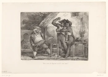 Citizen teasing two drunk soldiers in a tavern