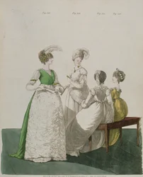 Four girls in ball dresses from the `Gallery of Fashion