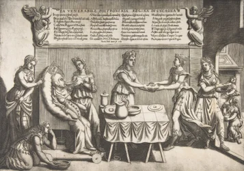 Venerable Idleness, Queen of Cockaigne, a fat woman seated on a movable toilet chair being..., 1565
