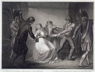 French Revolution: The Sister of King Louis XVI Elisabeth of France (1764-1794) Released from the Concierge Prison on 10/05/1794. Engraving by Niccolo Schiavonetti
