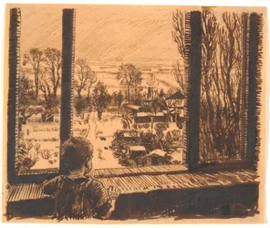 A Boy at a Window with a View of Garden and Field