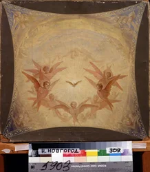 Cherubs. Seraphim with 6 wings from Christian mythology, surrounding a radiant dove (Holy Spirit).