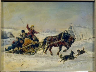 Shrovetide (After the Festivities, a Woman Escorts Drunken Men on Her Horse-Drawn Sleigh)