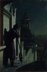 Strelets on the Moscow Kremlin Tower at Moonlit Night, 1890s