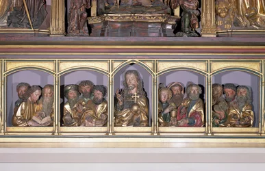 Wooden carvings of Christ and the Twelve Apostles, from the predella of the retable of the Isenheim Altarpiece, c.1490