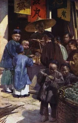 China: Boys round a sweet stall