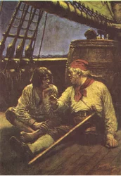 The barrel shook as he leaned his shoulder against it, from Treasure Island published by MacDonald 1947