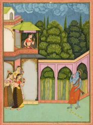 Krishna approaches Radha, folio from a Rasikpriya, dated c.1690