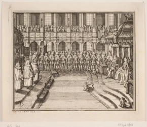 King Frederik V and Queen Louise during the Coronation Ceremony in Frederiksborg Castle Church. Illustration for Frederik IV