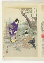Flower arranging in the garden (series title: Comparisons between Beauties and Flowers)