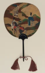 Fan; on one side Narihira and the pilgrim; on the other, chrysanthemums and a brook, Edo period, late 17th- early 18th century
