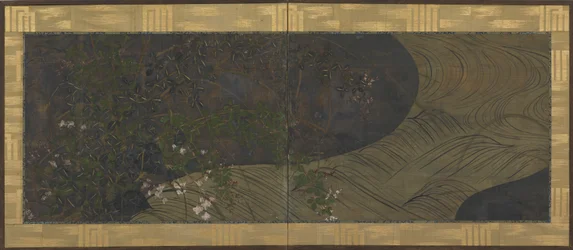 Running water, autumn grasses and flowers, Edo period