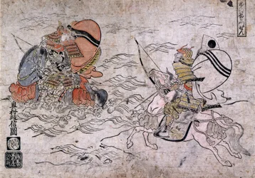Battle between two enemy samurai during the Battle of Ichi-no-Tani. Painting on paper by Okumura Masanobu, about 1720.