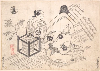 Katsuyama Matagoro as a Yane-chi, seated on a straw mat on the tiled roof of a house