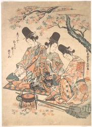 Parody of Palace Servants Heating Sake over a Fire of Maple Leaves