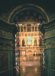 Interior with the iconostasis in the Annunciation Cathedral in the Moscow Kremlin