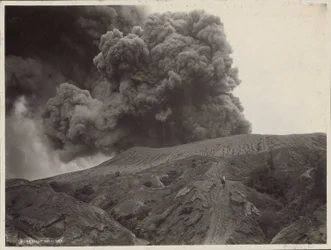 Man with Horse by a Smoking Volcano in the Dutch East Indies
