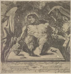 Lamentation over the body of Christ by the three Marys, a jar of ointment on the table