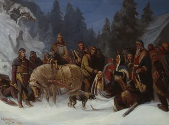 Inga Kongemor entrusts her son Håkon Håkonsson to the Birkebeiner chief Dagfinn Bonde