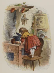 Little girl looking into a saucepan on a stove