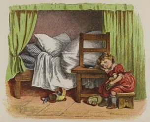 Little girl sitting beside her bed