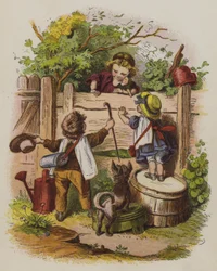 Three children chatting over a garden fence