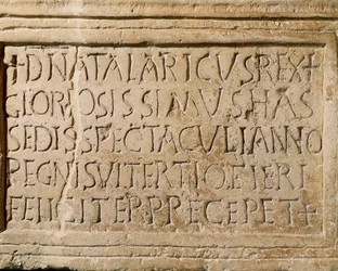 Barbarian civilization: inscription dating from the reign of King Ostrogoth Athalaric (516-534 AD) testifying to the existence of a theatre in Ticinum (present-day Pavia). 6th century. Musei Civici, Sezione Archeologia, Pavia, Italy