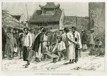 Game of the sapeque. Engraving by Tofani, to illustrate the story Trente mois au Tonkin, in 1884, by Dr Paul Hocquard, in le tour du monde 1890, under the direction of Edouard Charton, Hachette, Paris