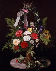 Still Life of Flowers in a Basket (Daisies, Ferns, Roses)