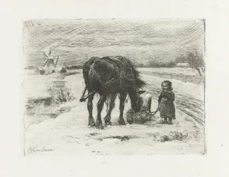 Snowy Landscape with Child and Horse