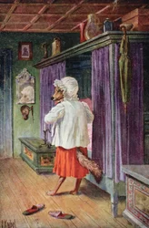 Postcard depicting the wolf disguised as Little Red Riding Hood