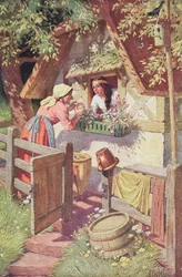 The wicked queen, disguised as an old woman, offers the poisoned apple to Snow White, illustration from the Grimm fairy tale 