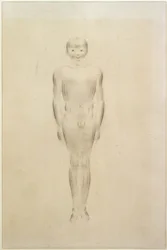 Nude boy with closed legs and arms stretched close to the body