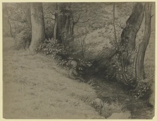 Brook landscape with boys