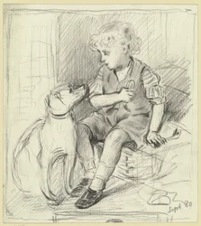 Seated boy with seated dog
