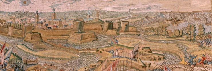 Flemish tapestry. Series Triumphs and battles of Archduke Albert. Assault and capture of the entrenched battlefield of Hulst. Sixth tapestry in the series. Model Otto van Veen and Hans I Snellinck. Manufacture Martin Reynbouts, Brussels