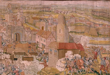 Flemish Tapestry. Series Triumphs and Battles of Archduke Albert. Surprise at Calais. First Tapestry in the Series. Model Otto van Veen and Hans I Snellinck. Manufacture Martin Reynbouts, Brussels. 1597-1599. Fabric Gold, Silver, Silk.