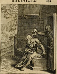 Xanthippe emptying a chamber pot over Socrates. From Emblemata Horatiana, 1607